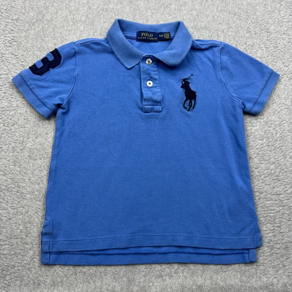 Polo Ralph Lauren Polo Shirt Kids 4T Blue Big Pony Logo Short Sleeve 3 Patch Tee